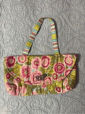 By Sew Chic Lovely Hand-sewn Pink & Green Floral and Striped Accent Purse.